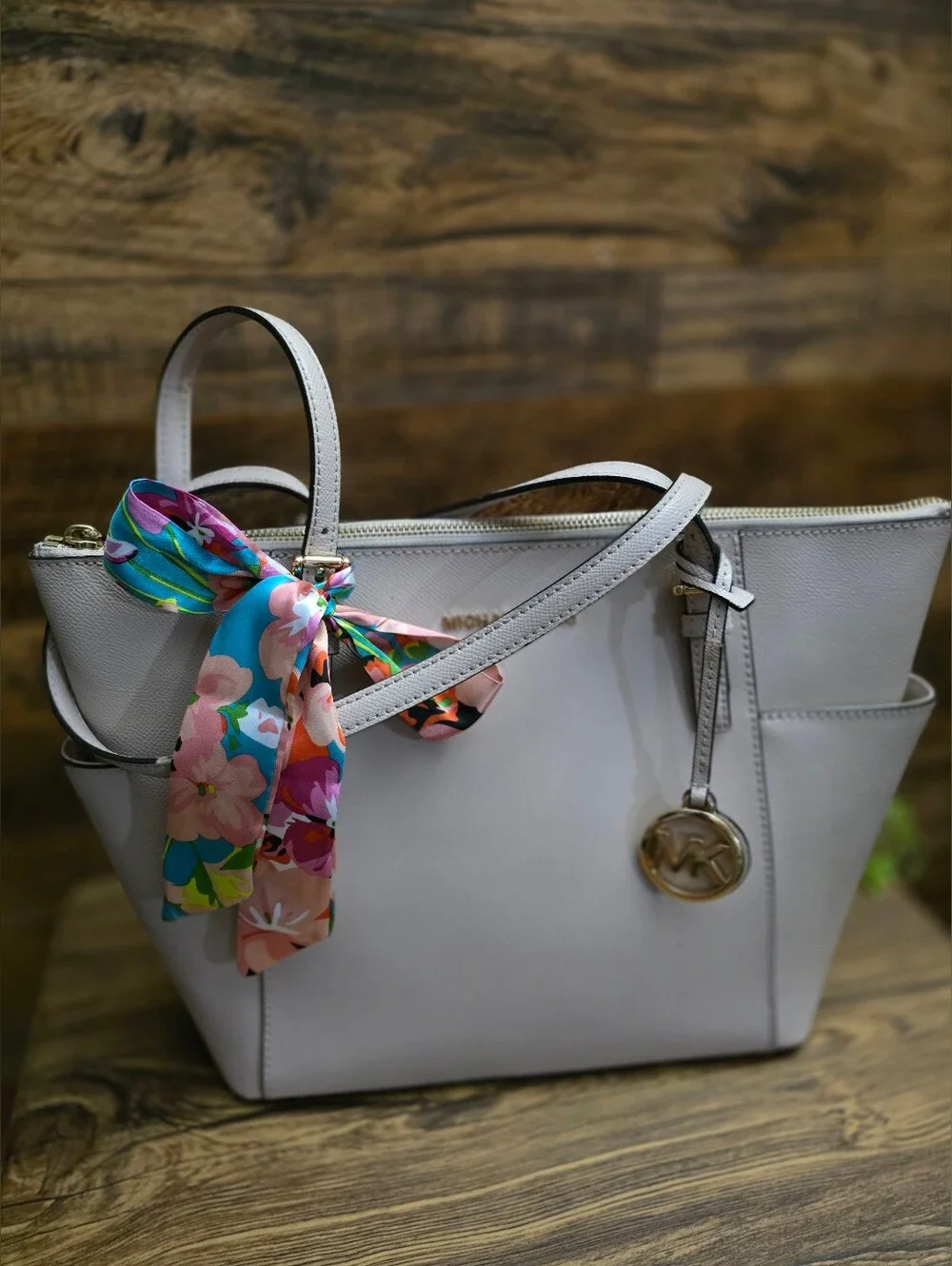 Michael Kors Large Jet Set In Blush Pink Leather Tote with Floral Scarf